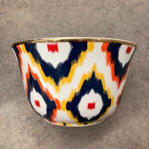 RARE C. Wonder Ikat Uzbek Ceramic Bowl Navy Blue Red Yellow Decorative Pot